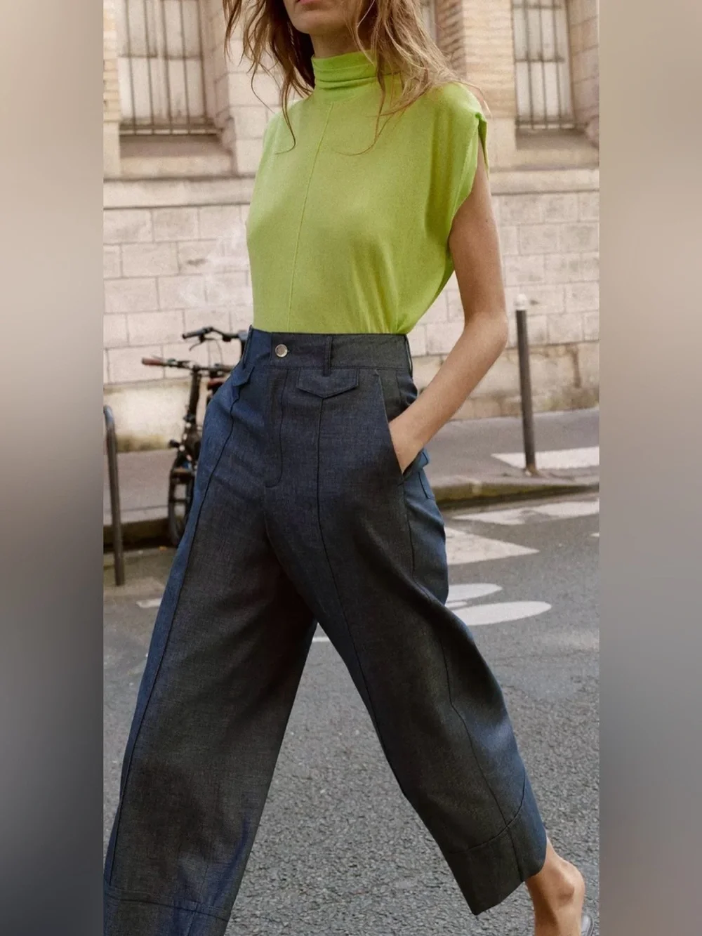 ZARA Linen Blend Wide Leg Denim Culotte Pants Indigo Blue XS NWT